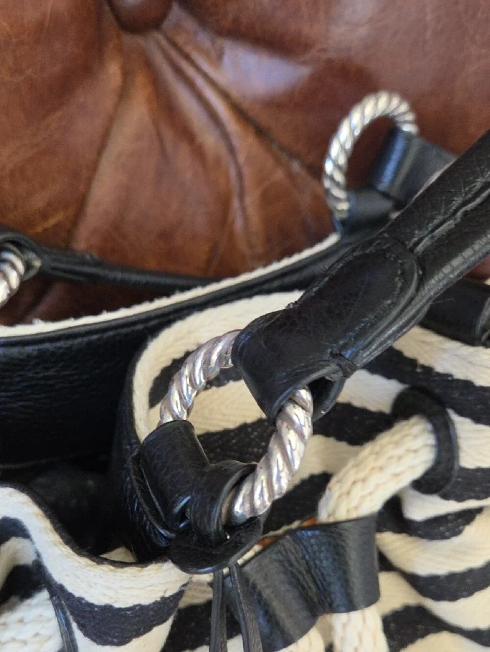 Brighton Black and Cream Striped Drawstring Shoulder Bag with Charm